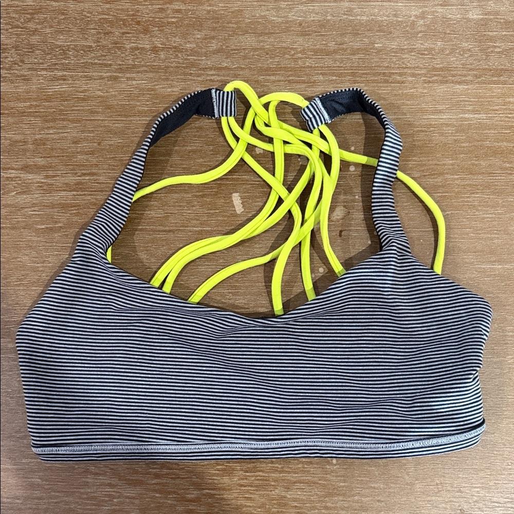 Lululemon Black and White Striped Sports Bra with Neon Yellow Straps